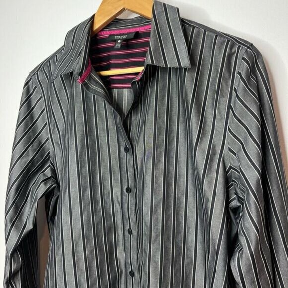 Foxcroft Women's 12 Stripe Non-Iron Shape Fit Long Sleeve Button-Up Shirt Grey - Picture 3 of 12